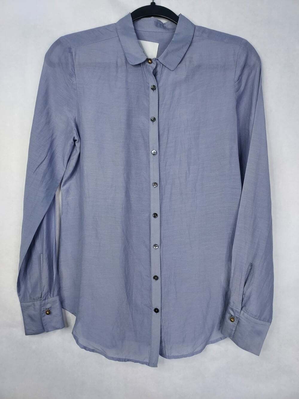 InWear Copenhagen Silk Blouse Women’s 6 Button Up Grey Sheer Quiet Luxury Flaw